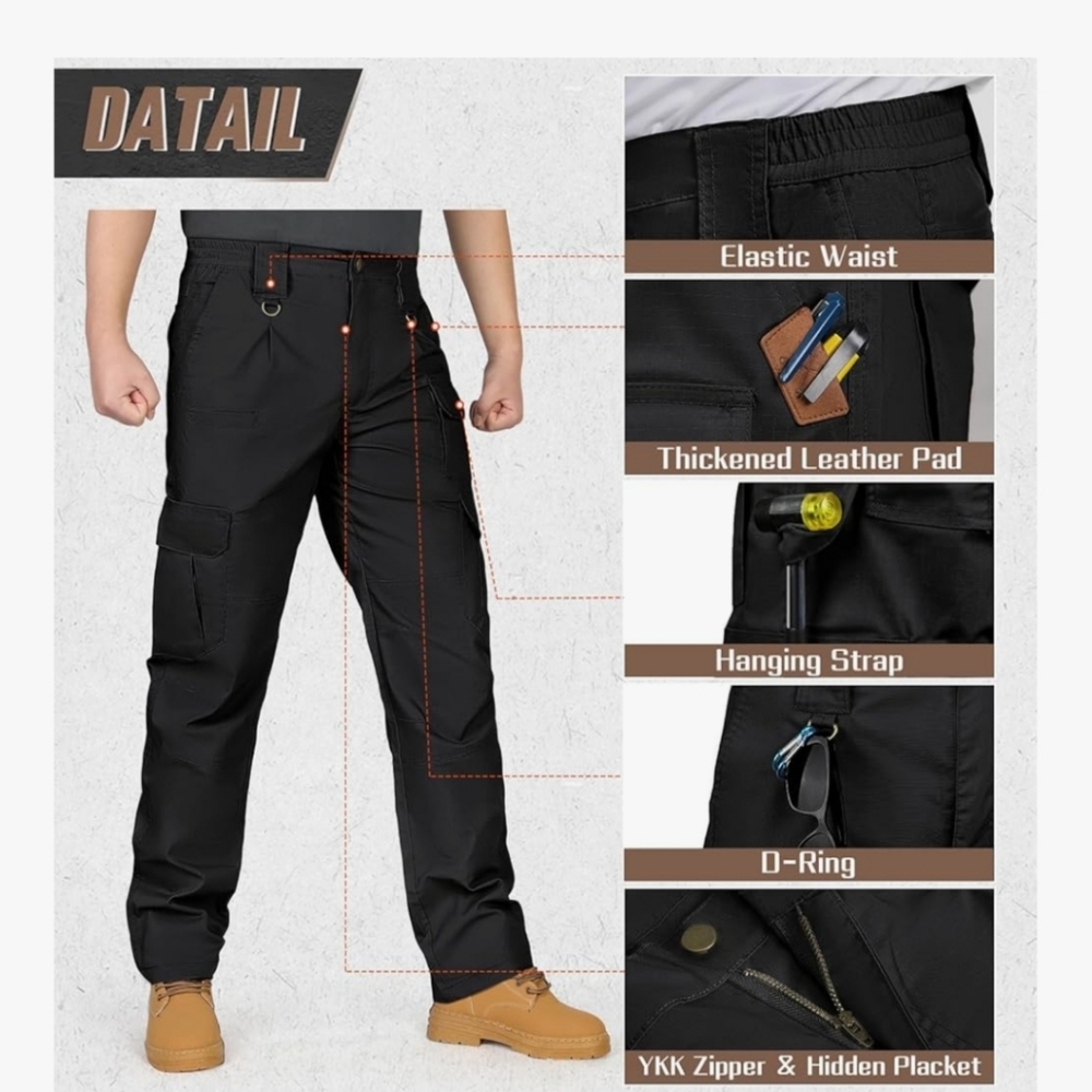 IGOLUMON Men's Stretch Tactical Pants, Breathable Ripstop 38W x 30L, Black - Picture 2 of 8